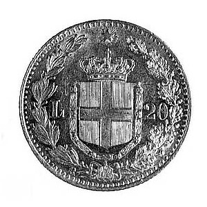 20 lirów 1882, Rzym, Aw: Głowa króla Umberta I, poniżej...