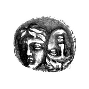 Istros- kolonia Miletu, drachma 350 pne, Aw: Dwie głowy...