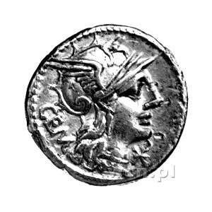 denar- C. Aburius Geminus 132 pne, Aw: Głowa Romy w pra...