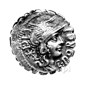 denar- L. Porcius Licinus 118 pne, Aw: Glowa Romy w pra...