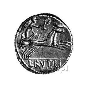 denar- L. Rutilius Flaccus 77 pne, Aw: Głowa Romy w skr...