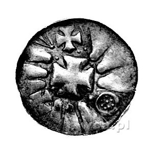 denar krzyżowy X-XI w.; Aw: Kapliczka; wokół krzyżyk, k...