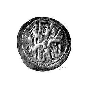 denar 1157-1166, Aw: Rycerz z tarczą i chorągwią w ręka...