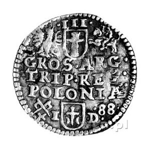 trojak 1588, Poznań, znak mincerza - haki z lewej stron...