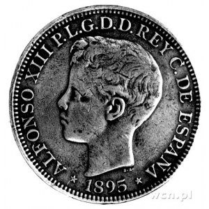 1 peso = 5 peset 1895, Aw: Głowa Alfonsa XIII, Rw: Herb...
