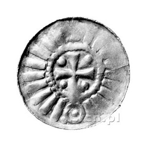 denar krzyżowy X-XI w., Aw: Krzyż; w polu cztery kulki,...