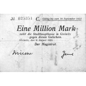 Gliwice /Gleiwitz/- 1.000.000 marek 9.08.1923 ważne do ...