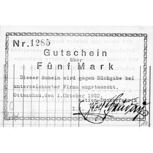 Otmuchów /Ottmachau/- 5 marek 1.10.1922 emitowane przez...