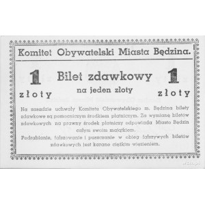 Będzin- 1 złoty 8.09.1939, emitowane przez Komitet Obyw...