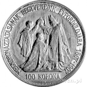 100 koron 1907, Krzemnica, Aw: Głowa cesarza, Rw: Scena...