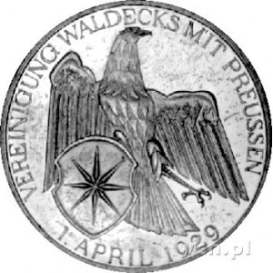 3 marki 1929, Waldeck, J. 337, wybita stemplem lustrzan...
