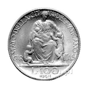 100 lirów 1948, Aw: Popiersie Piusa XII, Rw: Personifik...