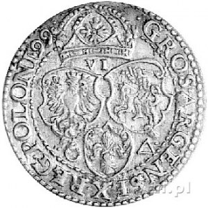 szóstak 1599, Malbork, popiersie króla z małą głową, Ku...