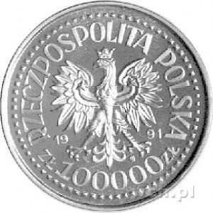 100.000 złotych 1991, na rewersie napis PRÓBA, Parchimo...