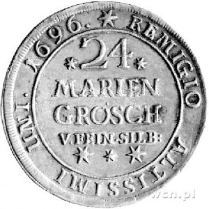 24 mariengroschen 1696, Aw: Dziki człowiek, w otoku nap...
