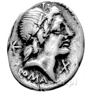 L. Postumius Albinus 131 pne, denar, Aw: Głowa Apollina...