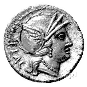 Rutilus Flaccus 77 pne, denar, Aw: Głowa Romy w skrzydl...