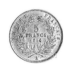 Napoleon III 1852- 1870, 5 franków 1854, Paryż, Aw: Gło...