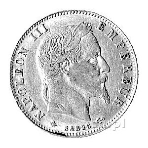 Napoleon III 1852- 1870, 5 franków 1864, Paryż, Aw: Gło...