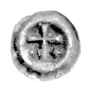 brakteat; Krzyż łaciński, w polu poniżej dwa krzyżyki g...