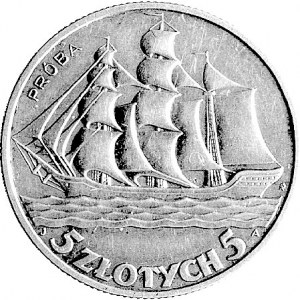 5 złotych 1936, Statek i wypukły napis PRÓBA, Parchimow...