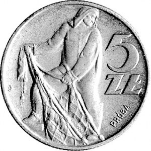 5 złotych 1959, Rybak, na rewersie wypukły napis PRÓBA,...