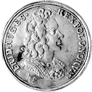 medalik koronacyjny Augusta II 1697 r., Aw: Popiersie k...