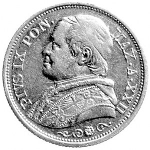 Pius IX 1846-1878, 20 lirów, Aw: Popiersie, Rw: W wieńc...