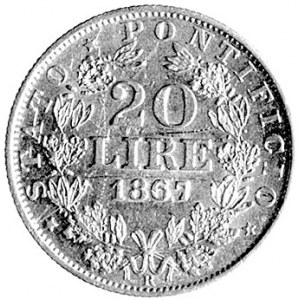 Pius IX 1846-1878, 20 lirów, Aw: Popiersie, Rw: W wieńc...