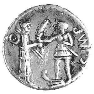 Pompejusz Wielki, denar 46-45, Aw: Głowa Romy w hełmie ...
