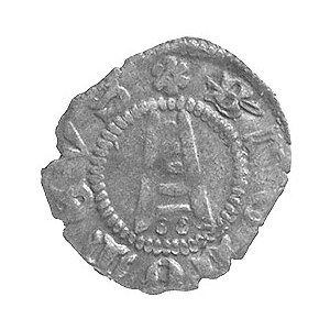 denar XIII/XIV w., Aw: Krzyż równoramienny i napis w ot...