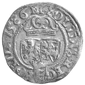 szeląg 1586, Olkusz, odmiana z literami NH nad koroną, ...