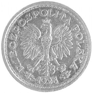 1 złoty 1928, Nominał w wieńcu, wypukły napis PRÓBA, be...