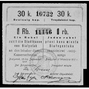 Białystok- 30 kopiejek i 1 rubel 15.09.1915, wydane prz...