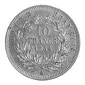 10 franków 1854, Paryż, Aw: Głowa, Rw: Napisy w wieńcu ...