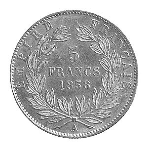 5 franków 1858, Paryż, Aw: Głowa, Rw: Napisy w wieńcu i...