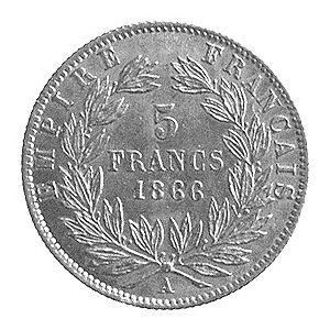 5 franków 1866, Paryż, Aw: Głowa w wieńcu laurowym, Rw:...