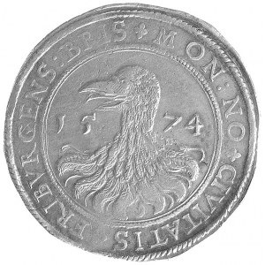 guldentalar 1574, Aw: Głowa kruka, w polu data, Rw: Pół...