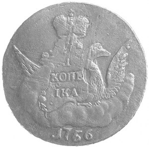 kopiejka 1756, Petersburg, Aw: Monogram na tle orła dwu...