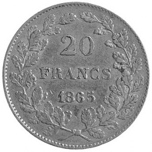 Leopold I 1831- 1865, 20 franków 1865, Aw: Głowa, Rw: N...
