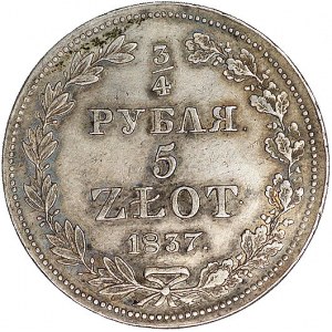 3/4 rubla = 5 złotych 1837, Warszawa, odmiana z 9 pióra...