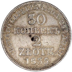 30 kopiejek = 2 złote 1835, Warszawa, rzadka odmiana z ...