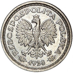 1 złoty 1928, Nominał w wieńcu z liści dębowych, Parchi...
