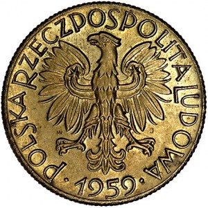 5 złotych 1959, na rewersie wypukły napis PRÓBA, Parchi...