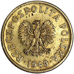 50 groszy 1949, na rewersie wypukły napis PRÓBA, Parchi...