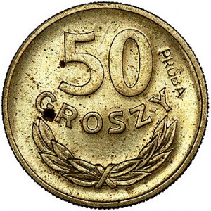 50 groszy 1949, na rewersie wypukły napis PRÓBA, Parchi...