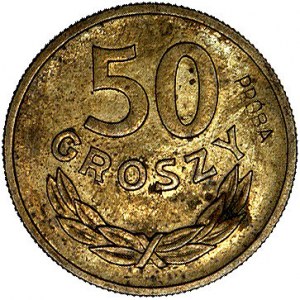 50 groszy 1957, na rewersie wypukły napis PRÓBA, Parchi...