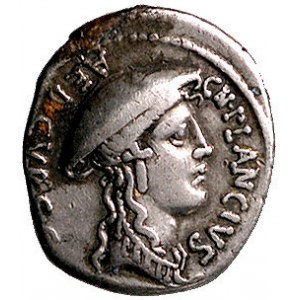 Cn. Plancius 55 pne, denar, Aw: Głowa Romy Plantiany w ...