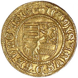 goldgulden (1455)-Krzemnica, Aw: Tarcza herbowa i napis...