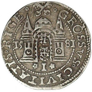 grosz 1581, Ryga, odmiana z pełną datą po bokach herbu ...